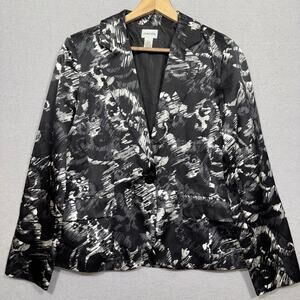 Chico’s Silk Blend‎ Black Blazer Sz 1 M Jacket Artsy Statement Black White Luxe